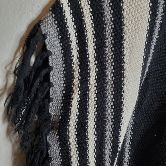 Black + White Striped  Open Front Fringe Poncho Cardigan M/L Boho Fall Layering - Picture 3 of 15
